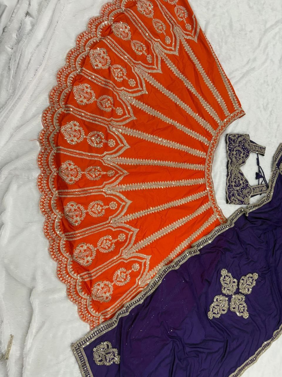 Stunning Look Silk Orange Lehenga Choli With Blue Dupatta For Reception Wear