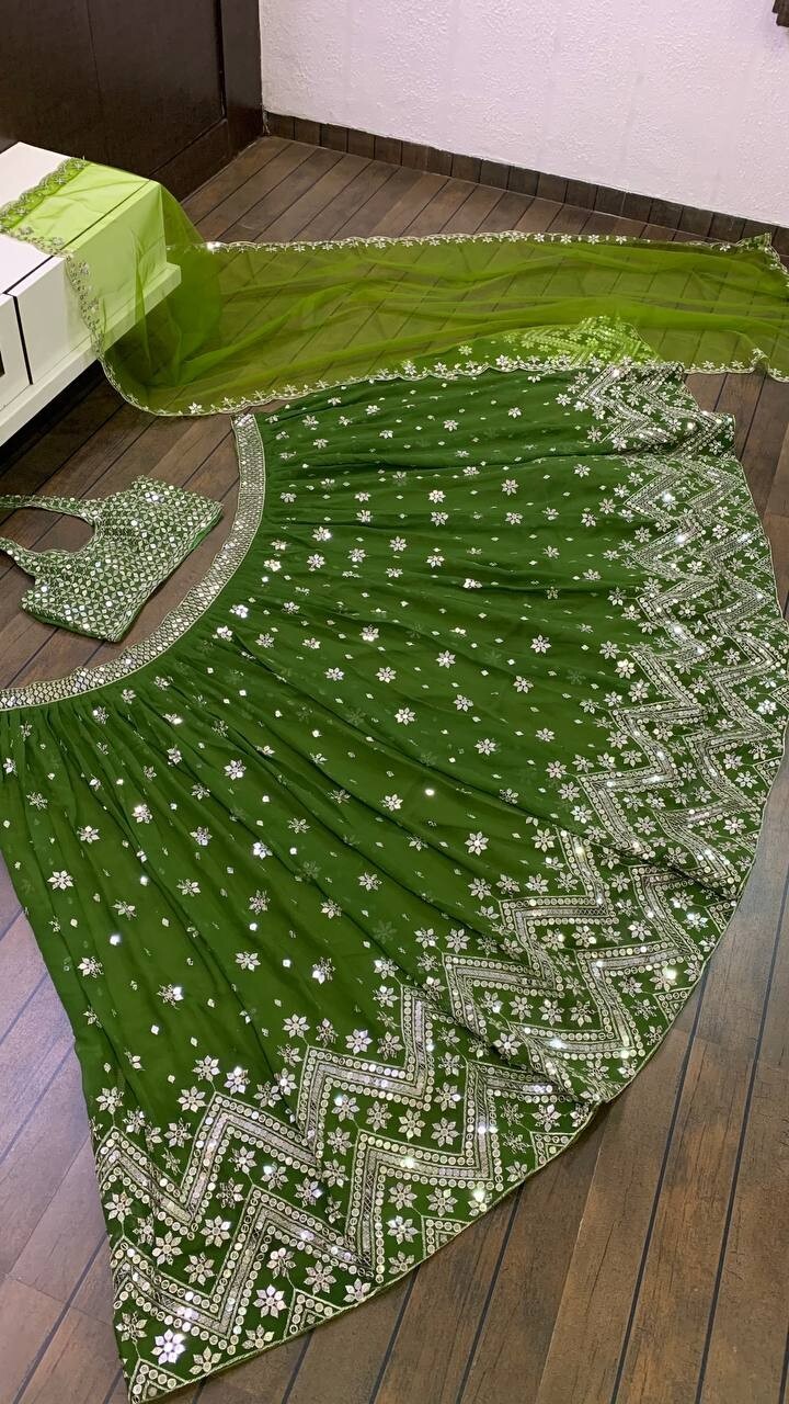 Beautiful Desgner Parrot Green Georgette Lehenga Choli And Dupatta For Function