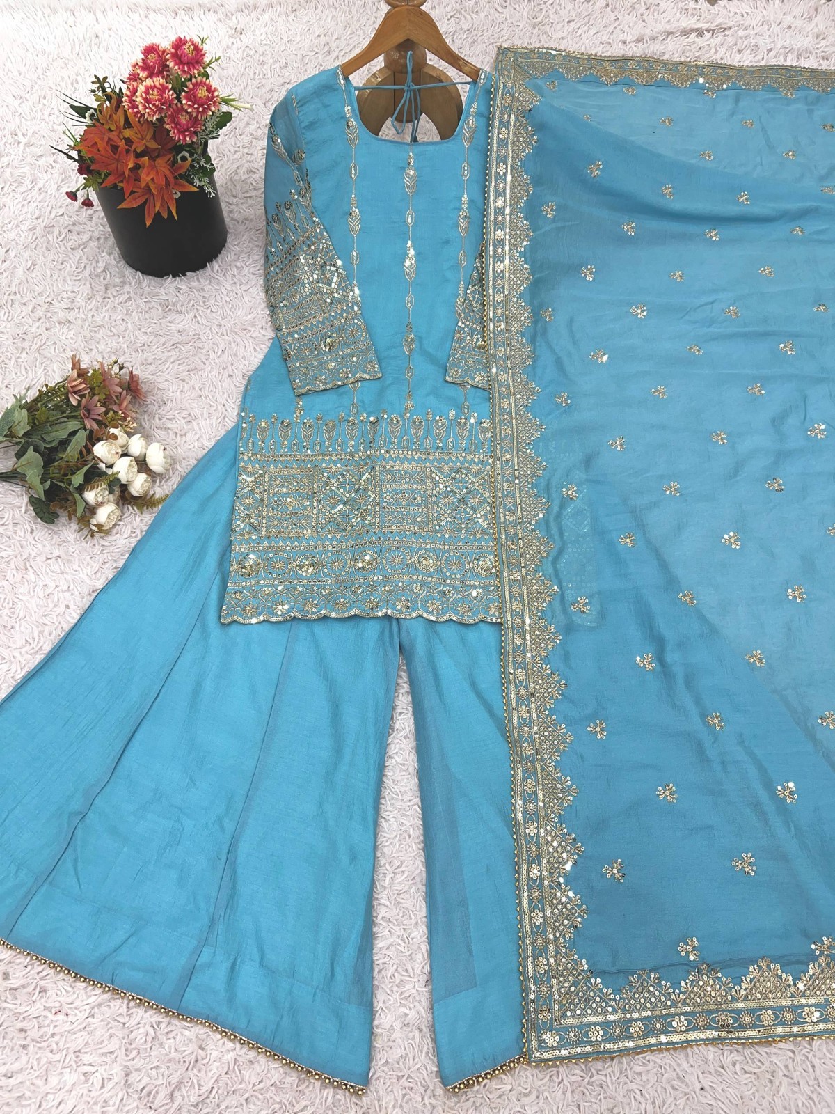 Presenting Heavy Vichitra Silk Blue Top Palazzo With Dupatta For Wedding Wear