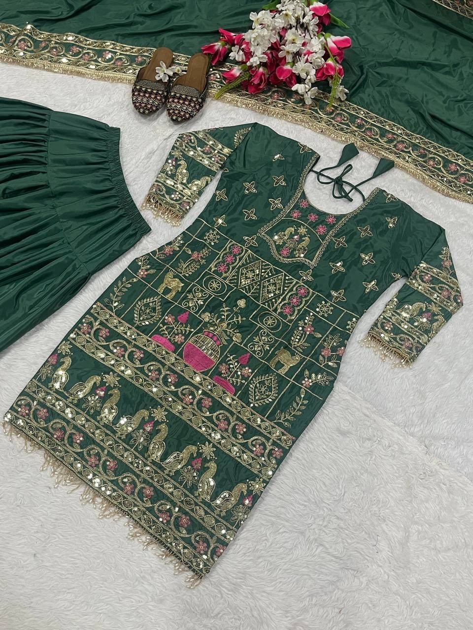 New Wedding Wear Sage Green Natural Crepe Top Dhoti With Dupatta For Women