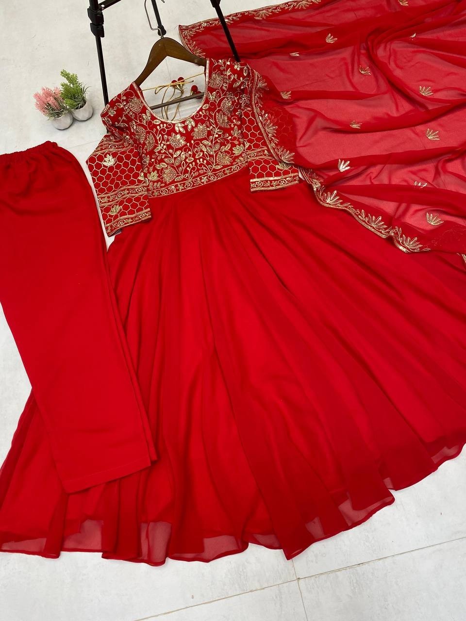DESIGNER AND EMBROIDERED GOWN AND PANT PAIR WITH DUPATTA IN GEORGETTE