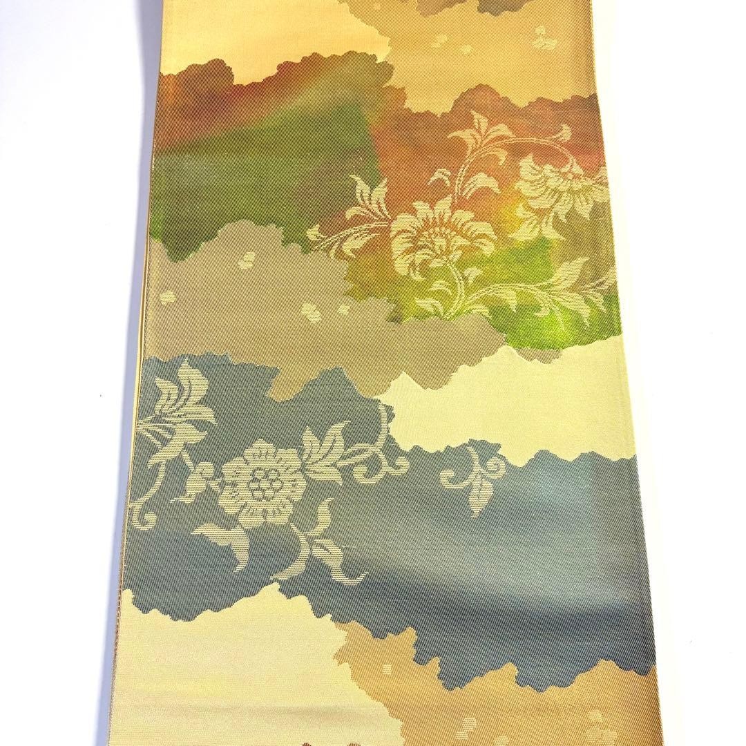 Silk Fukuro Obi Gold Beige Green Red Floral 414cm Japanese Kimono Used