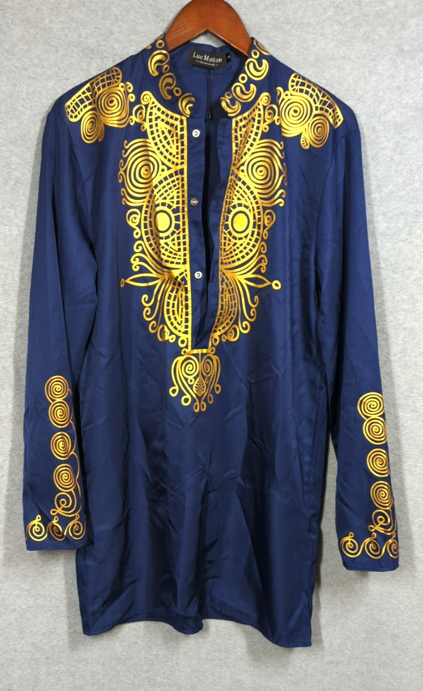 New LUC MATTON Tunic Shirt Men S African DASHIKI Tribal Blue Gold Long Sleeve