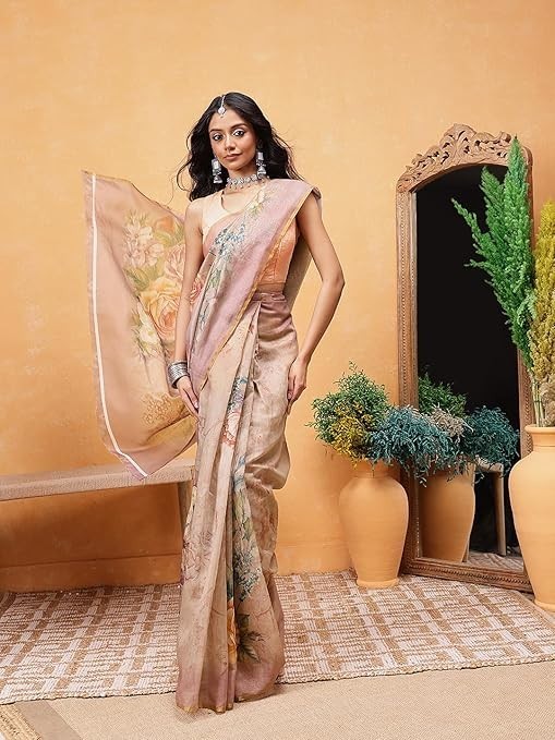 Beige Floral Print Cotton Blend Saree with Unstitched Blouse Festival Party Wear