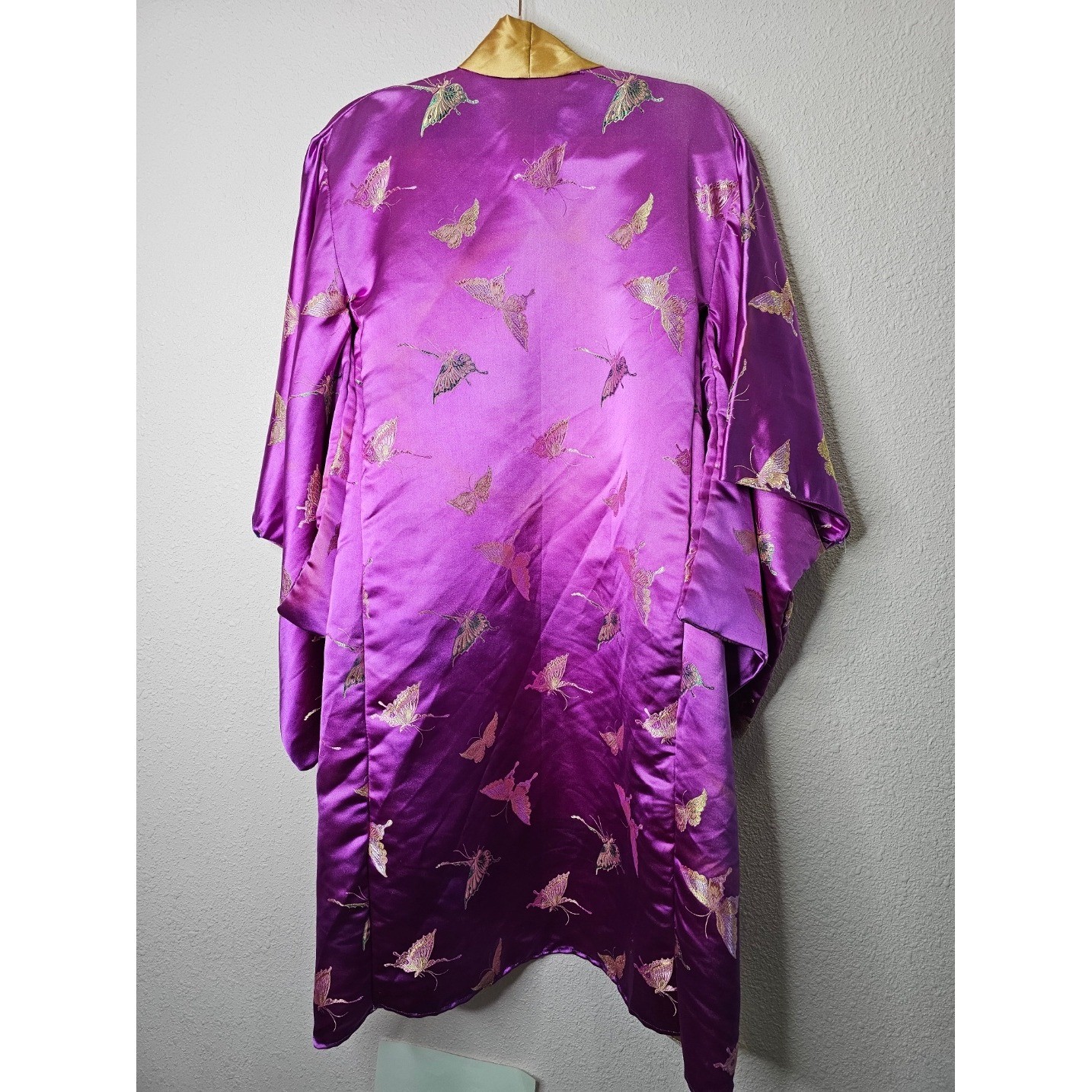 Purple Satin Butterfly Embroidered Kimono Sleeve Open Front Robe Costume