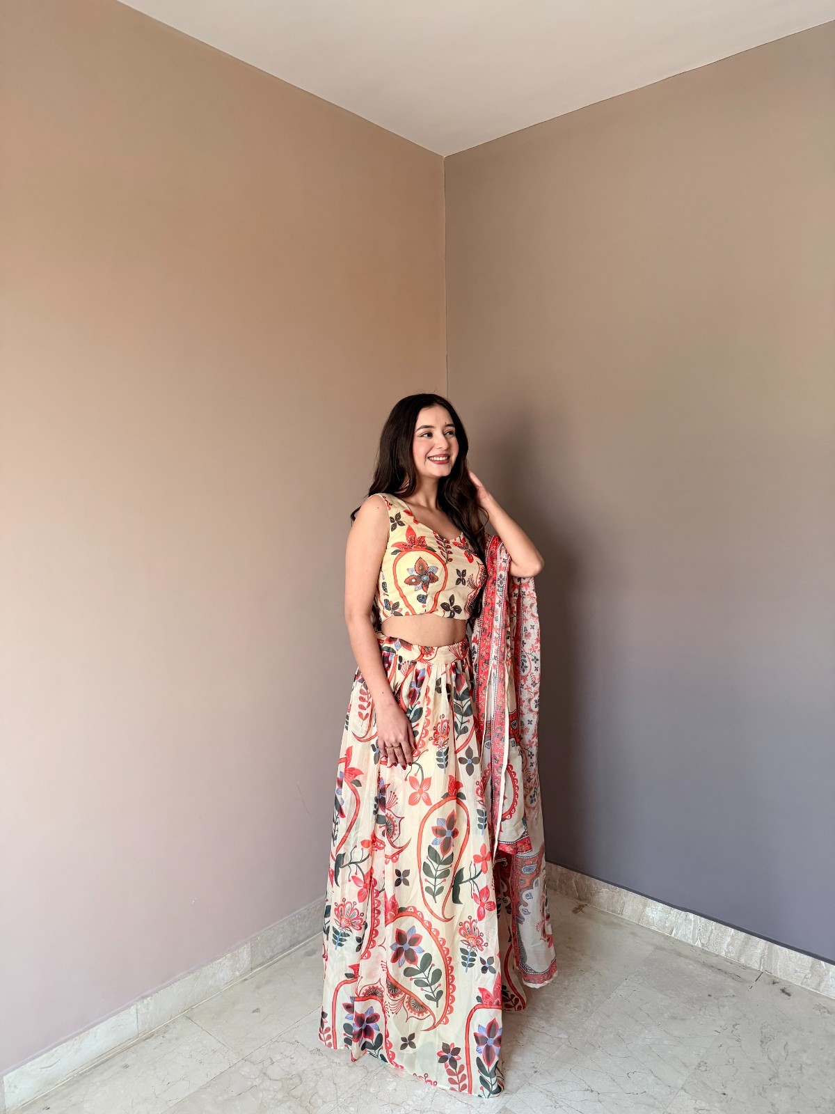Pure Organza Floral Printed Lehenga Choli Set Intricate Hand Work Sleeveless