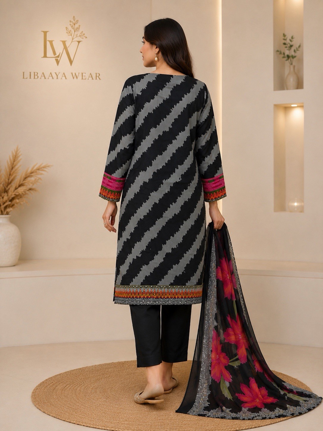 LIBAAYA WEAR Women’s 3-Piece Salwar Kameez Black/Gray Zigzag L Chiffon