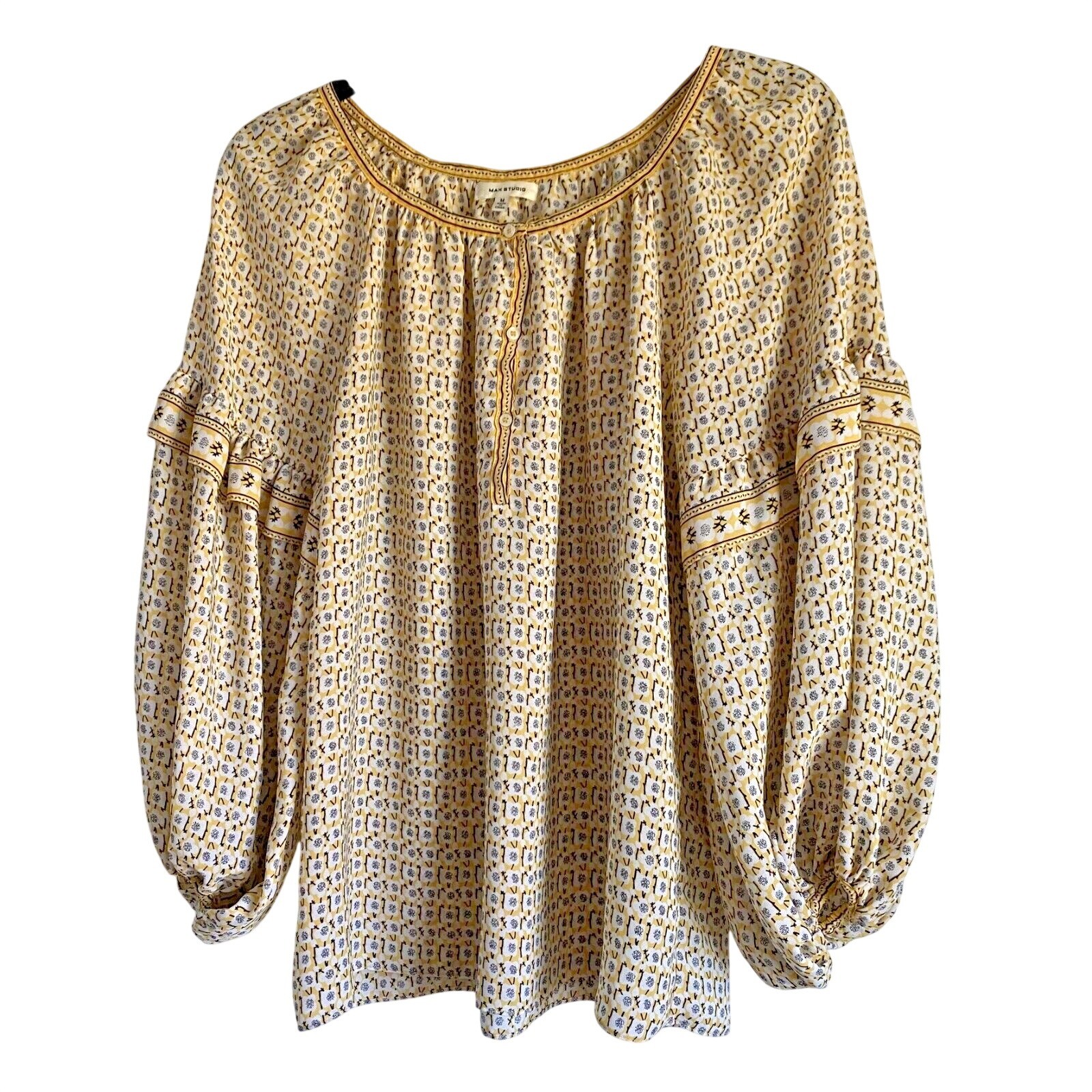 Max Studio Yellow Floral Geometric Balloon Sleeve Ruffle Blouse Womens Medium