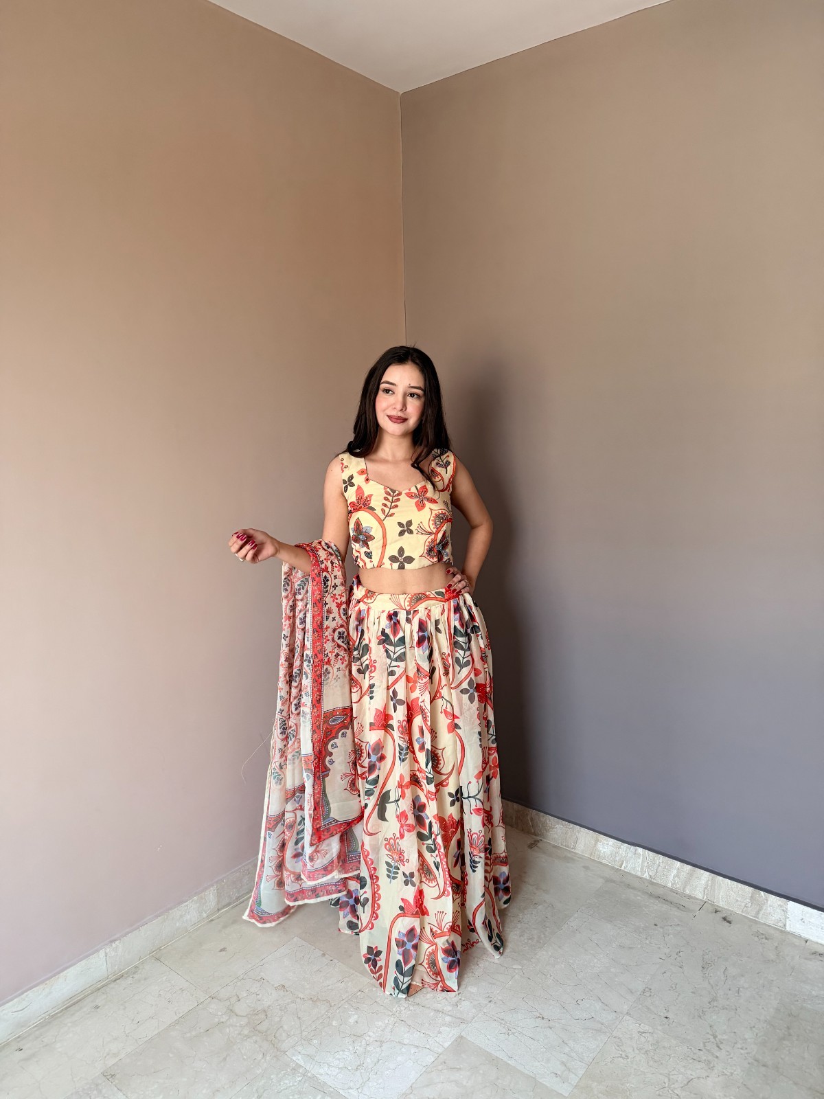 Pure Organza Floral Printed Lehenga Choli Set Intricate Hand Work Sleeveless