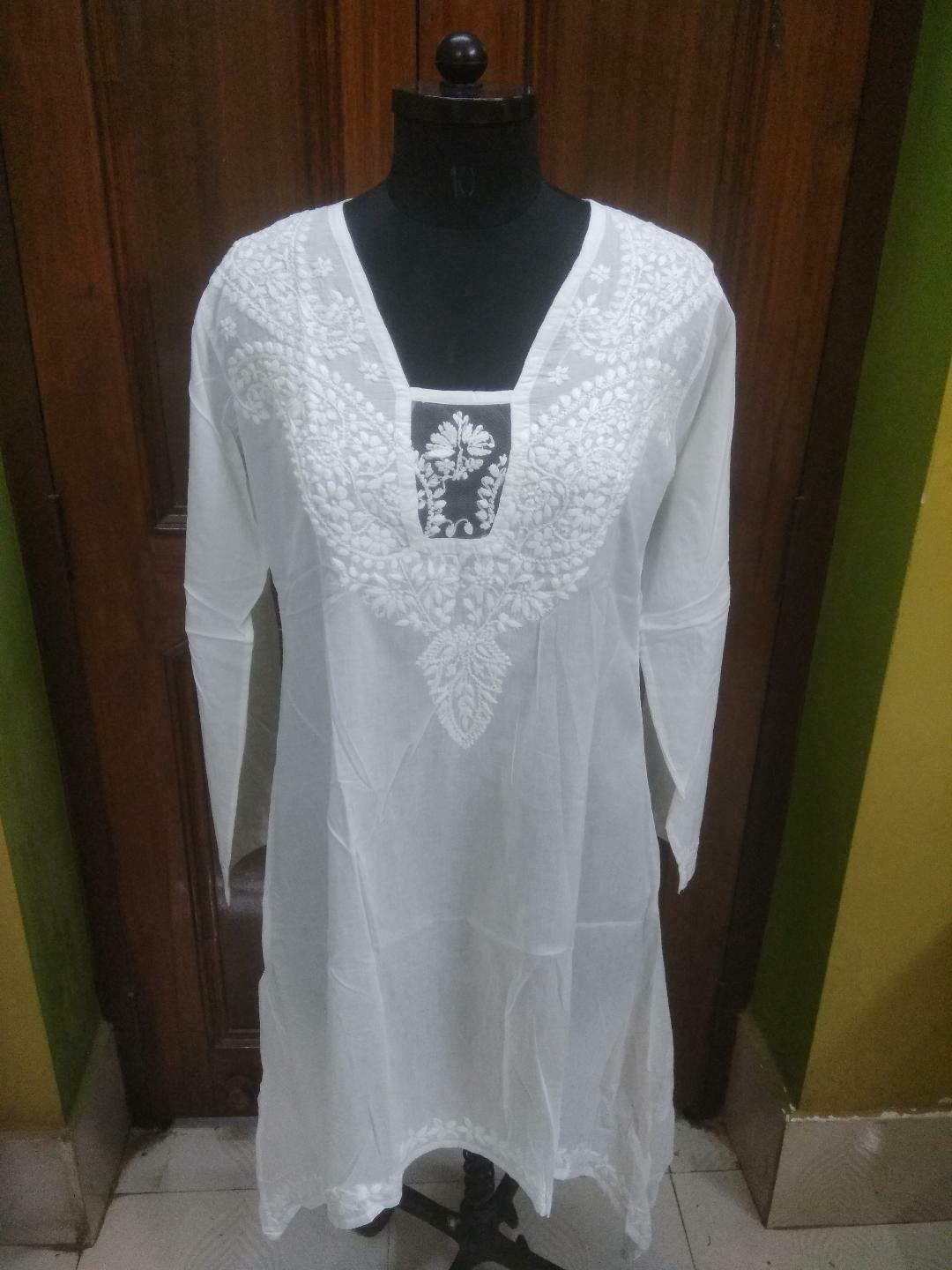 KURTA KURTI BLOUSE M 40″ TUNIC 100% COTTON ETHNIC CHIKAN EMBROIDERY HANDMADE TOP