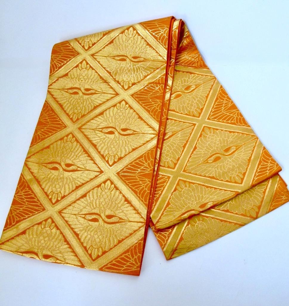 Japanese Fukuro Obi Sash Saffron Orange Metallic Gold Tsuru-Bishi Lucky Cranes