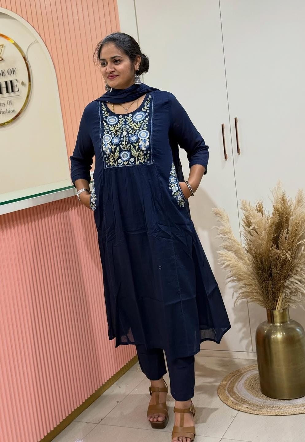Designer Aline Embroidery Kurta Pant Dupatta Set Indian Women Ethnic Kurti Set