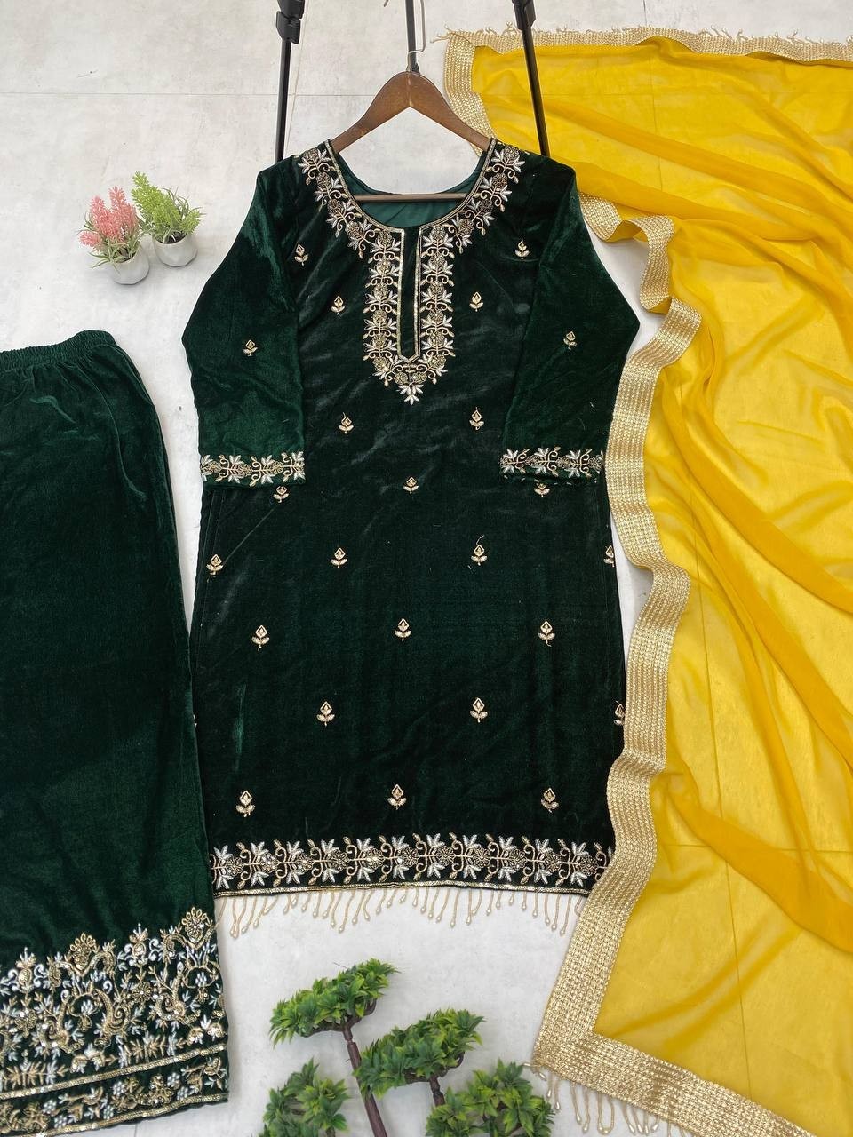 Attractive Look Velvet Green Palazzo Suit With Dupatta For Indian Festival