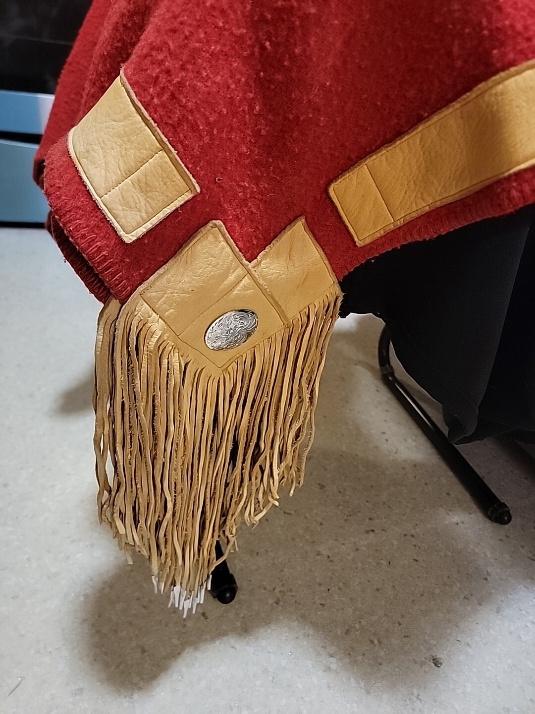 100% Red Wool Blanket Robe With Leather Trim & Concho