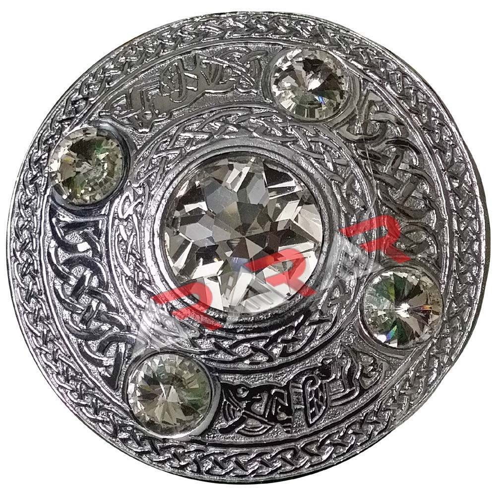 AAR Celtic Kilt Fly Plaid Brooch White Stone Silver Finish 4″Scottish/Highland