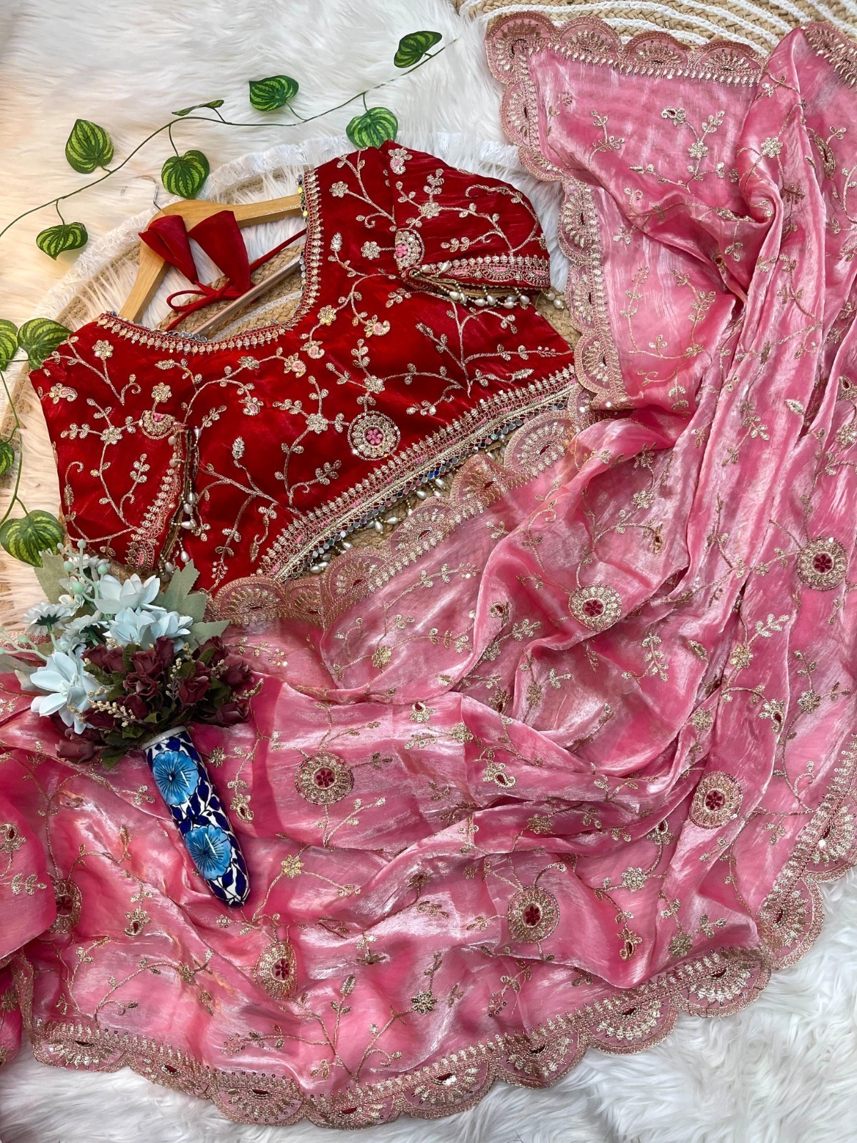 Cherry Red & Baby Pink Organza Saree With Designer Embroidered Blouse