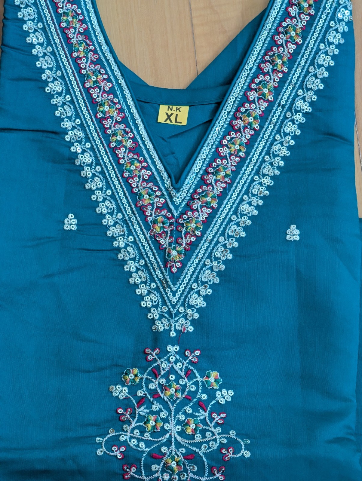 Kurta Kurti Top Tunic Teal Sequin Embroidery V-Neck Silk Party Festive Wear XL