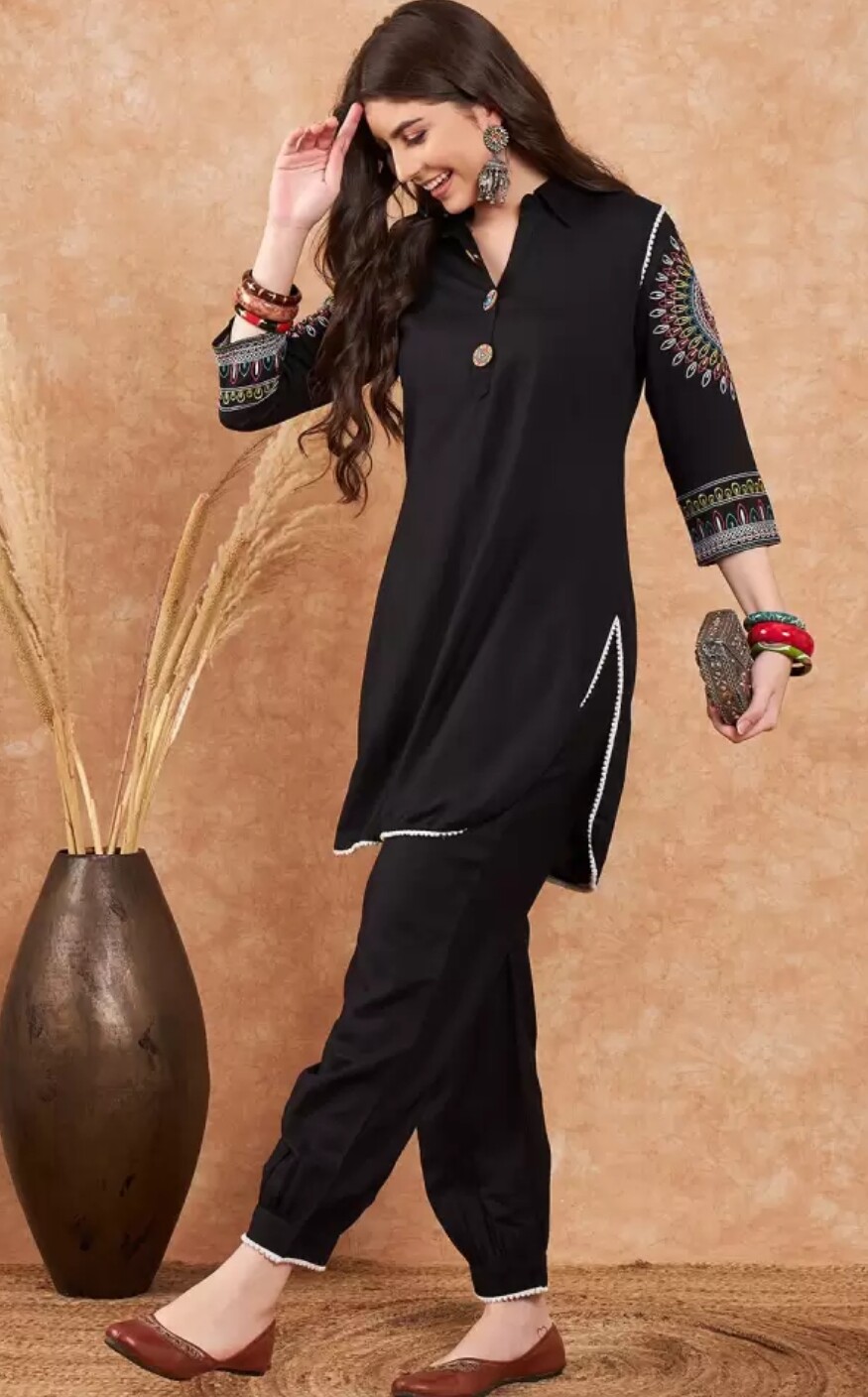 Indian Kurta set; Black Ethnics motifs Embroidered Pathani Kurta with Salwar