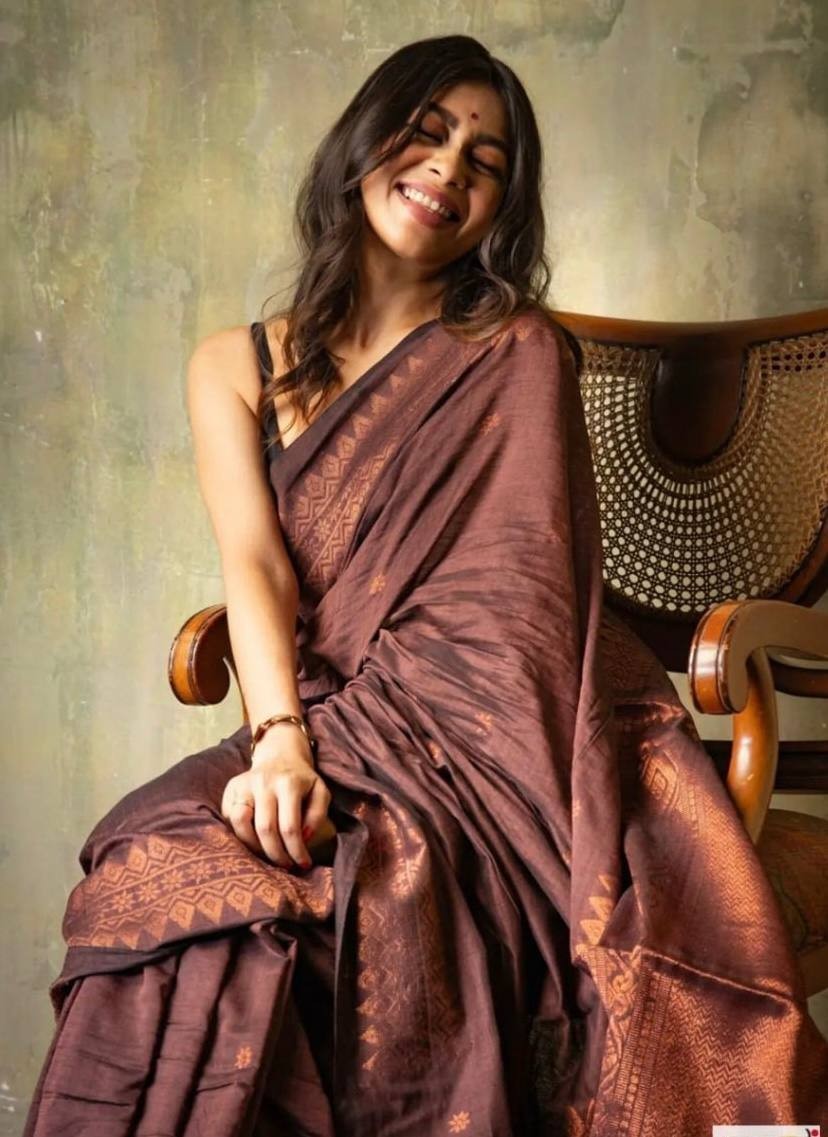 Brown Soft Lichi Silk Saree with Copper Zari & Rich Pallu Jacquard Work