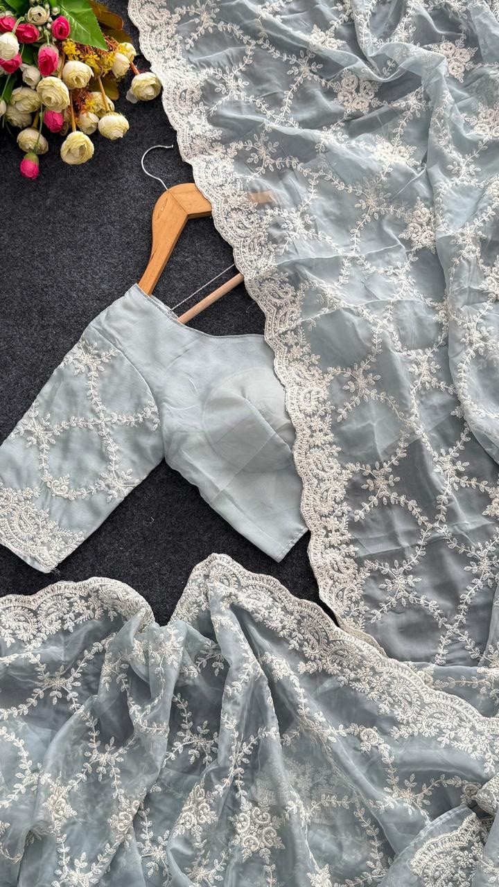 Exclusive soft organza saree with heavy with complete parsi work summer bliss