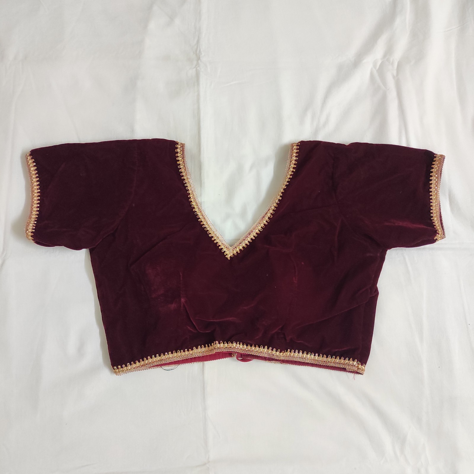 Maroon Velvet Saree Blouse V Neck Back Tie Bollywood Designer Choli Crop Top M