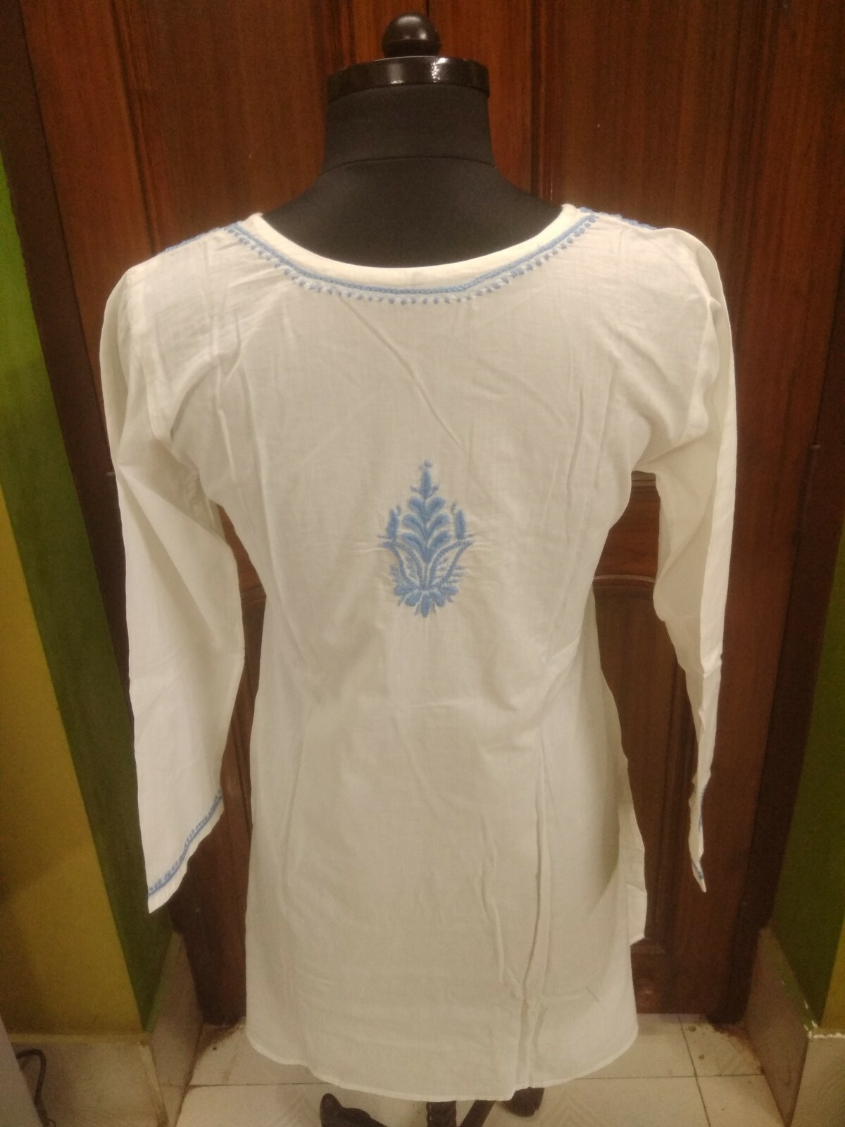 SIDE POCKET 100% COTTON XS 37″ TUNIC CHIKAN EMBROIDERY HANDMADE KURTA TOP KURTI