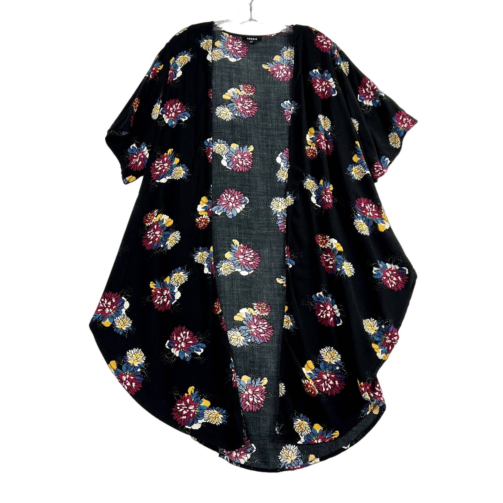 Torrid Floral Print Challis Shirttail Kimono Cardigan Black Womens 1 2 1X 2X