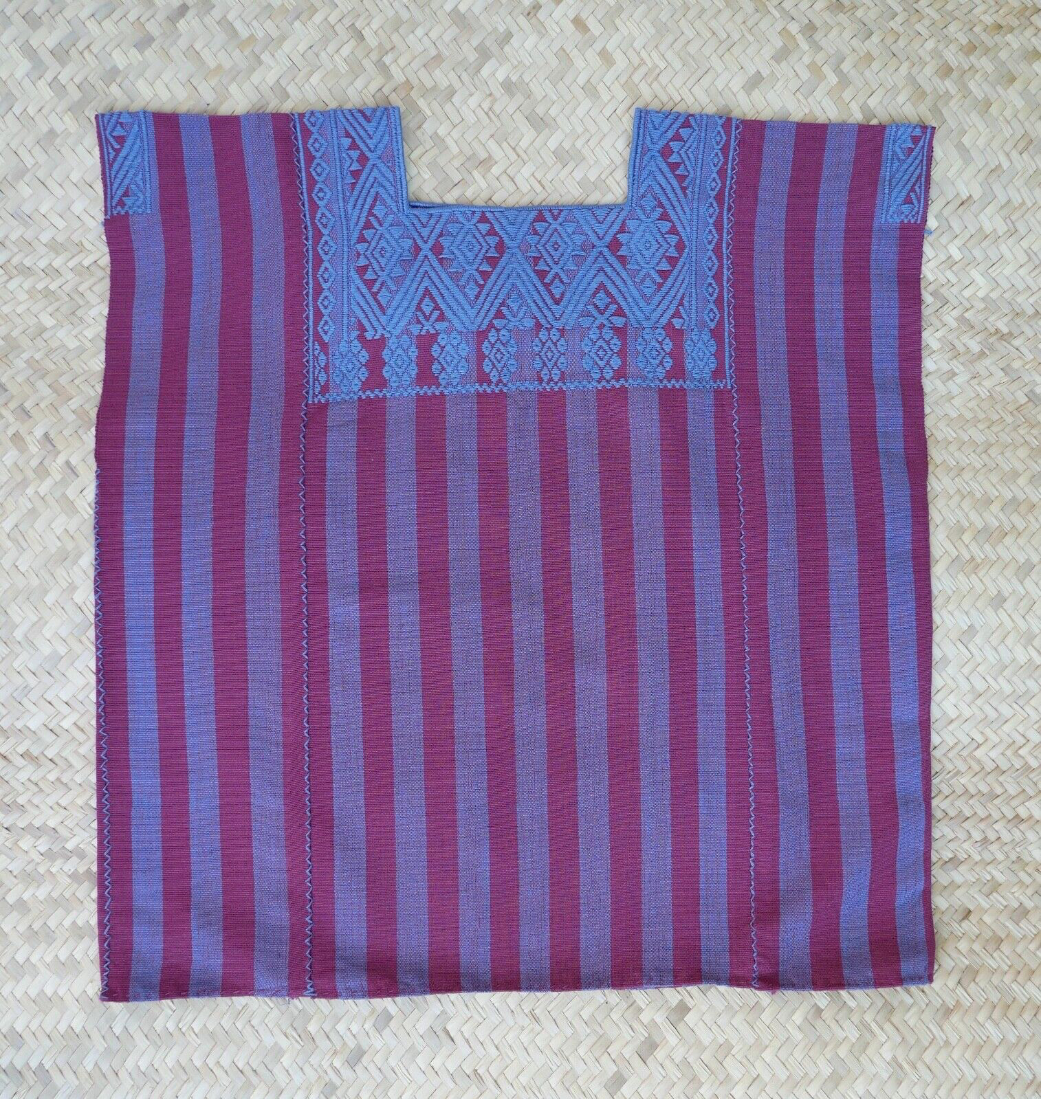 Huipil Top Mayan Blue & Plum Stripe Handwoven Backstrap Loom Chiapas Mexico