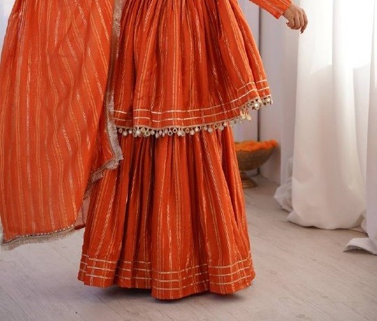Stylish Look Mal Chanderi Orange Palazzo Suit With Dupatta For Function Wear