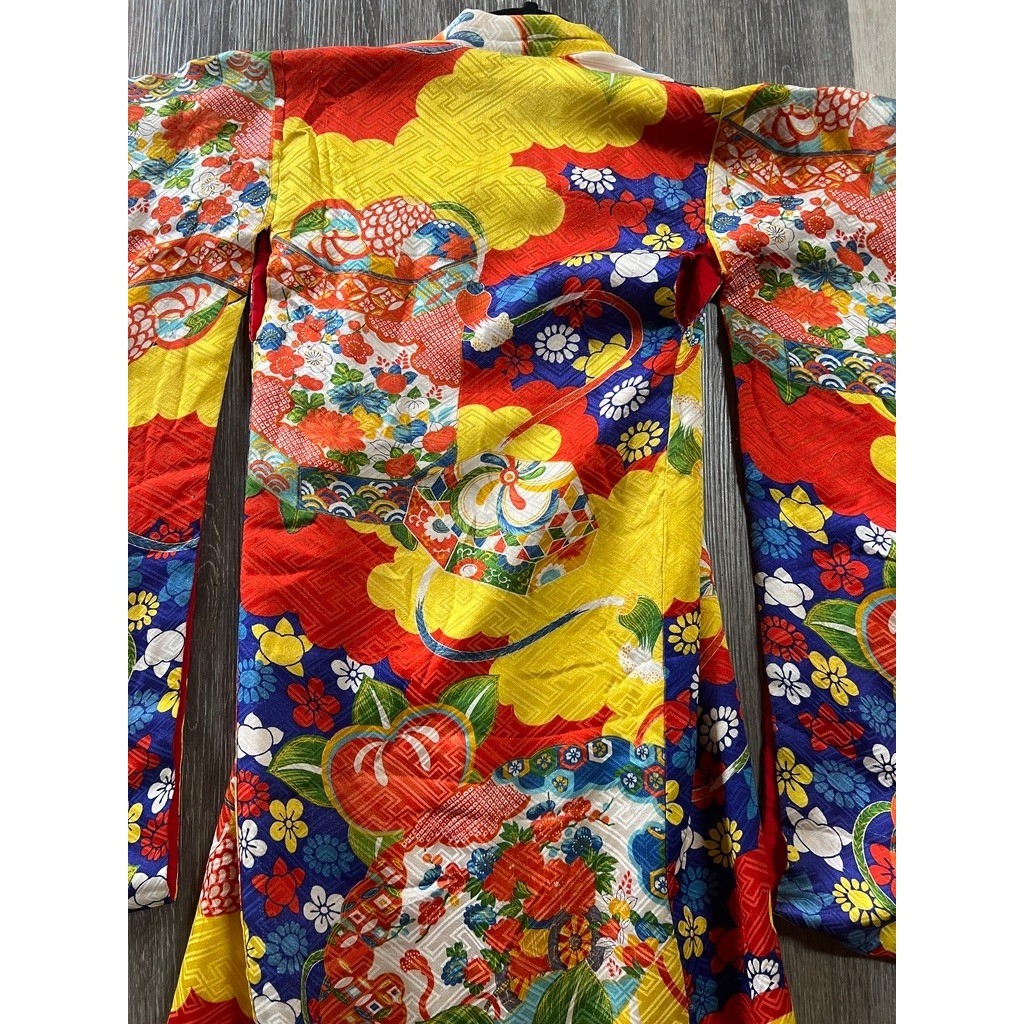Vintage 70s Handmade Kimono Robe Japanese Childrens Multicolor Floral Fruit