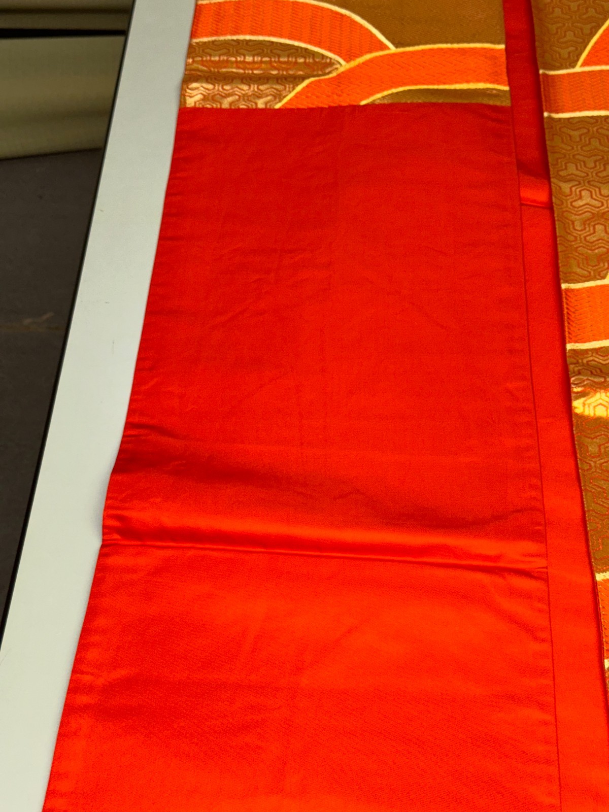 Japanese Vintage Kimono Fukuro Obi Silk Orange Traditional Embroidery 166×12 in
