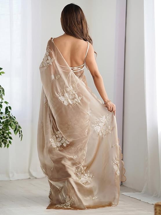 Women’s Shimmer Organza Sequence Embroidery Saree With Unstitched Blouse Piece