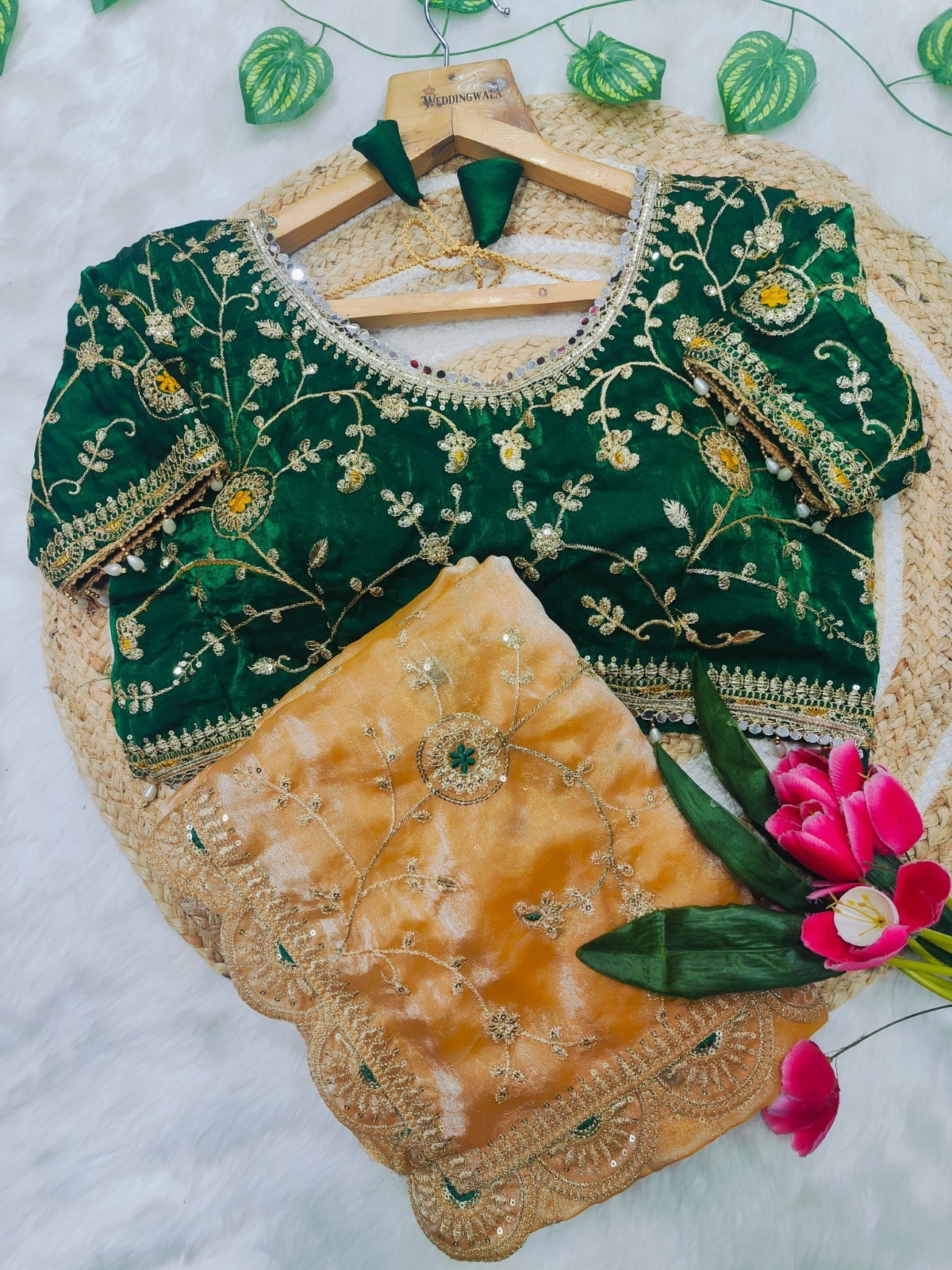 Emerald Green & Antique Gold Organza Saree With Heavy Embroidered Blouse