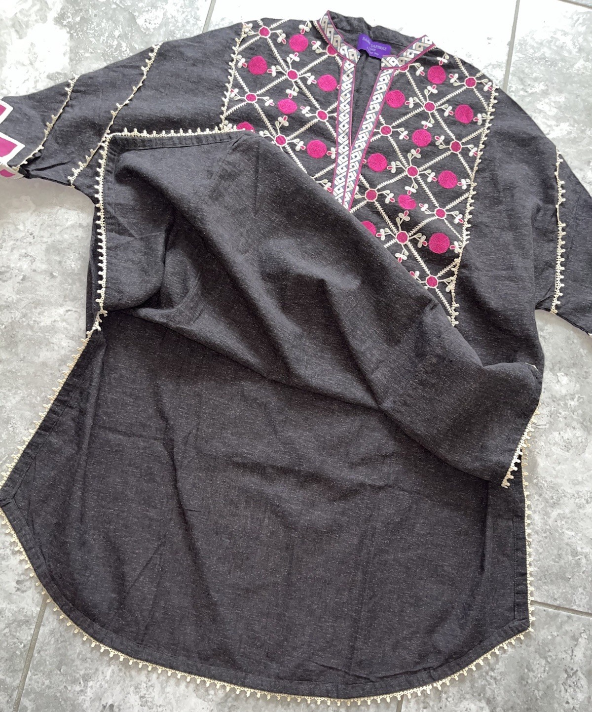 SANA SAFINAZ Geometric Embroidered Cotton Kurti Tunic Shirt Dress NEW Gray L