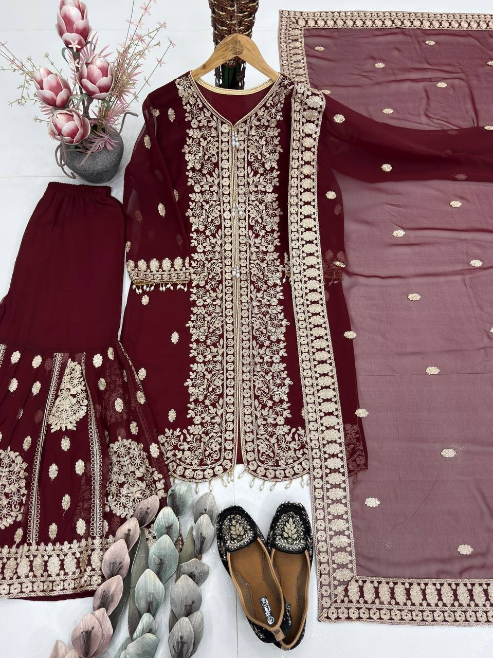 Indian Style Red Vichitra Silk Saree With Blouse For Wedding & Party