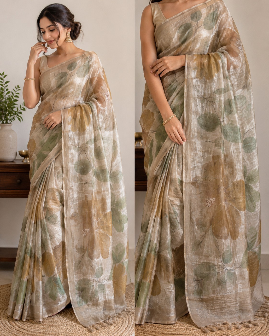 Pure Tissue Silk Saree Hand Painted With Blouse Fall And Pico Done