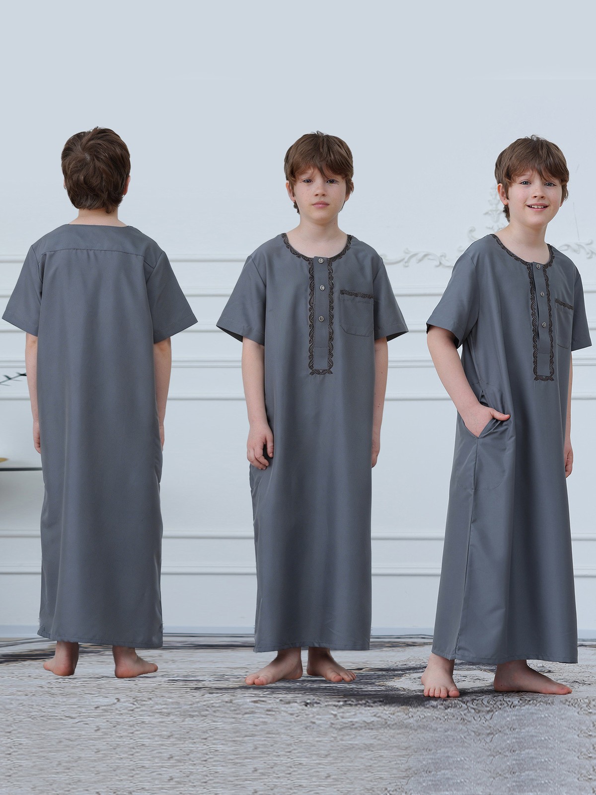 Saudi Arab Boys Thobe Jubba Long Sleeve Abaya Coat Simple Button Daily Wear Eid