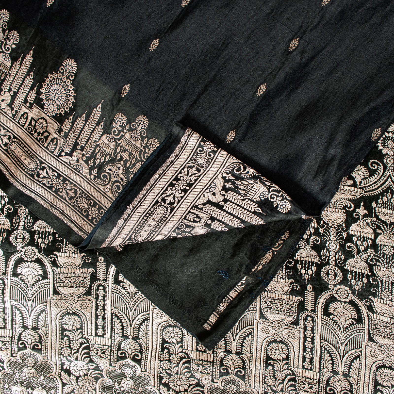 Sanskriti Vintage Black Pure Satin Sarees Banarasi Brocade Zari Hand-Woven 6+Yd