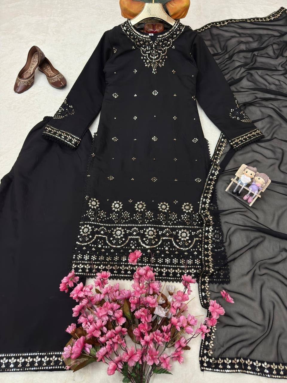 Bollywood Style Vichitra Silk Kurta Palazzo With Dupatta For Women & Girls Wear