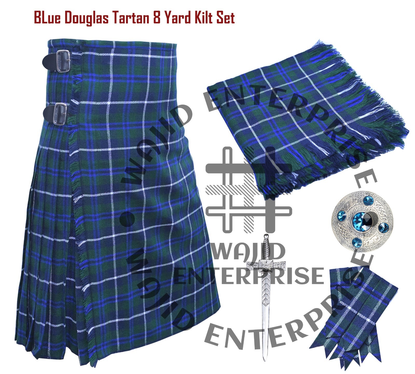 Scottish Handmade traditional blue Douglas tartan 8 Yard Kilt – Custom size kilt
