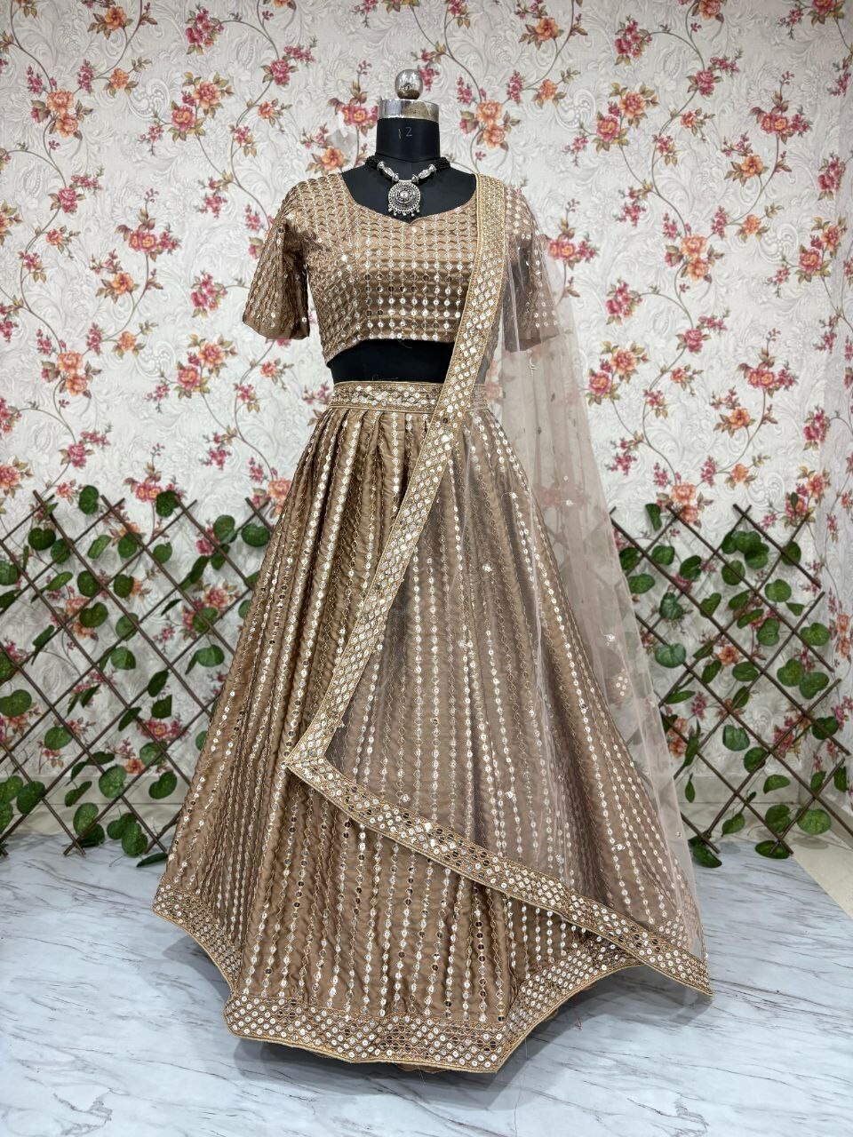 Bollywood Look Karishma Silk Lehenga Choli And Dusty Brown Dupatta For Reception