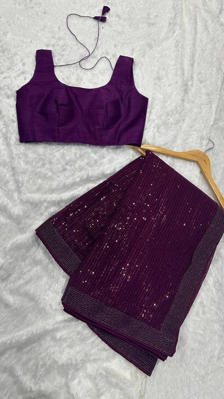 New Designer Georgette Purple Saree With Blouse For Engagement Wear