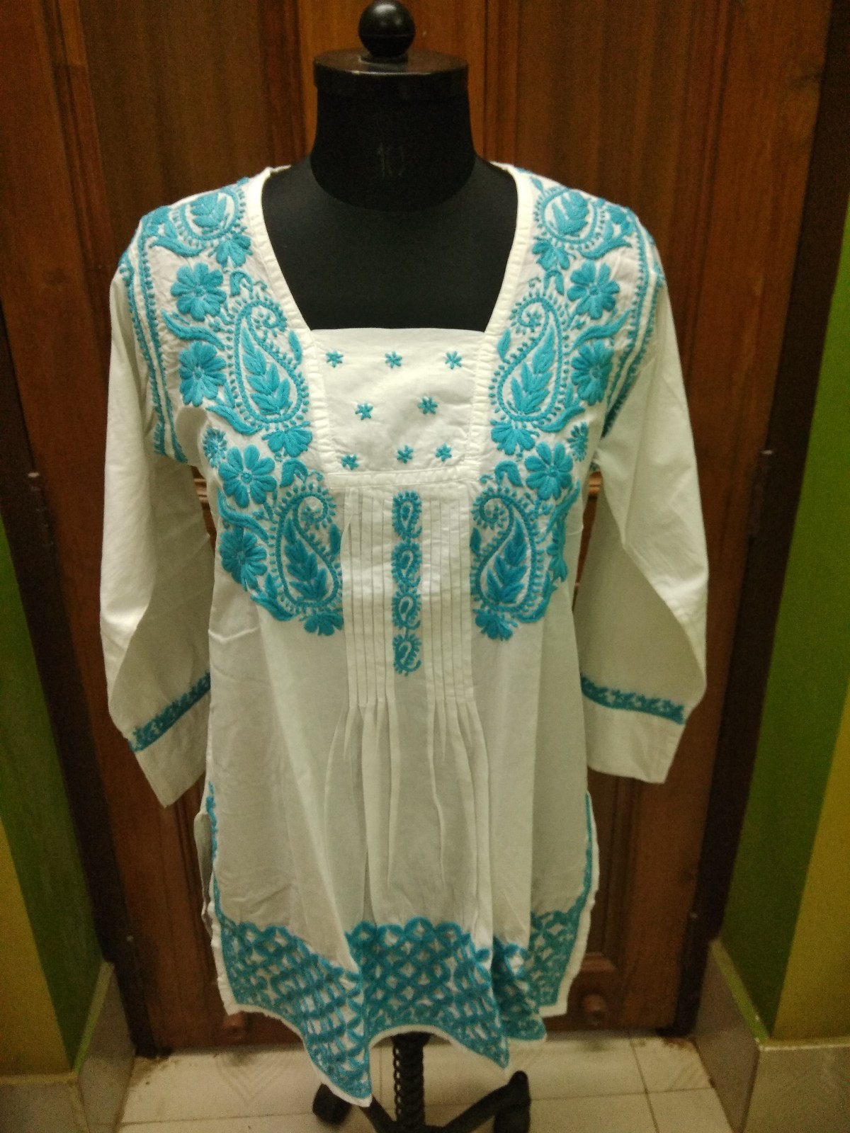 EXCELLENT L 42″ TUNIC TOP ETHNIC CHIKAN EMBROIDERY COTTON KURTA HANDMADE KURTI