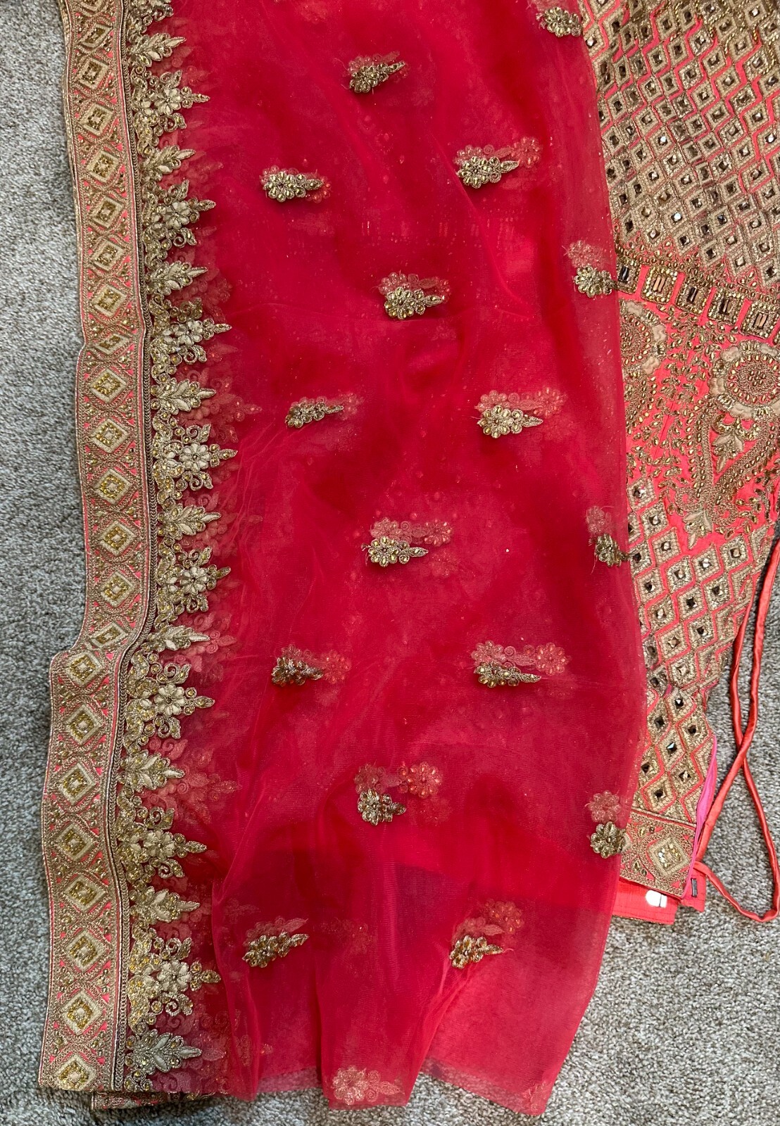Coral Red color Lengha, Heavy Embroidery- Worn only once