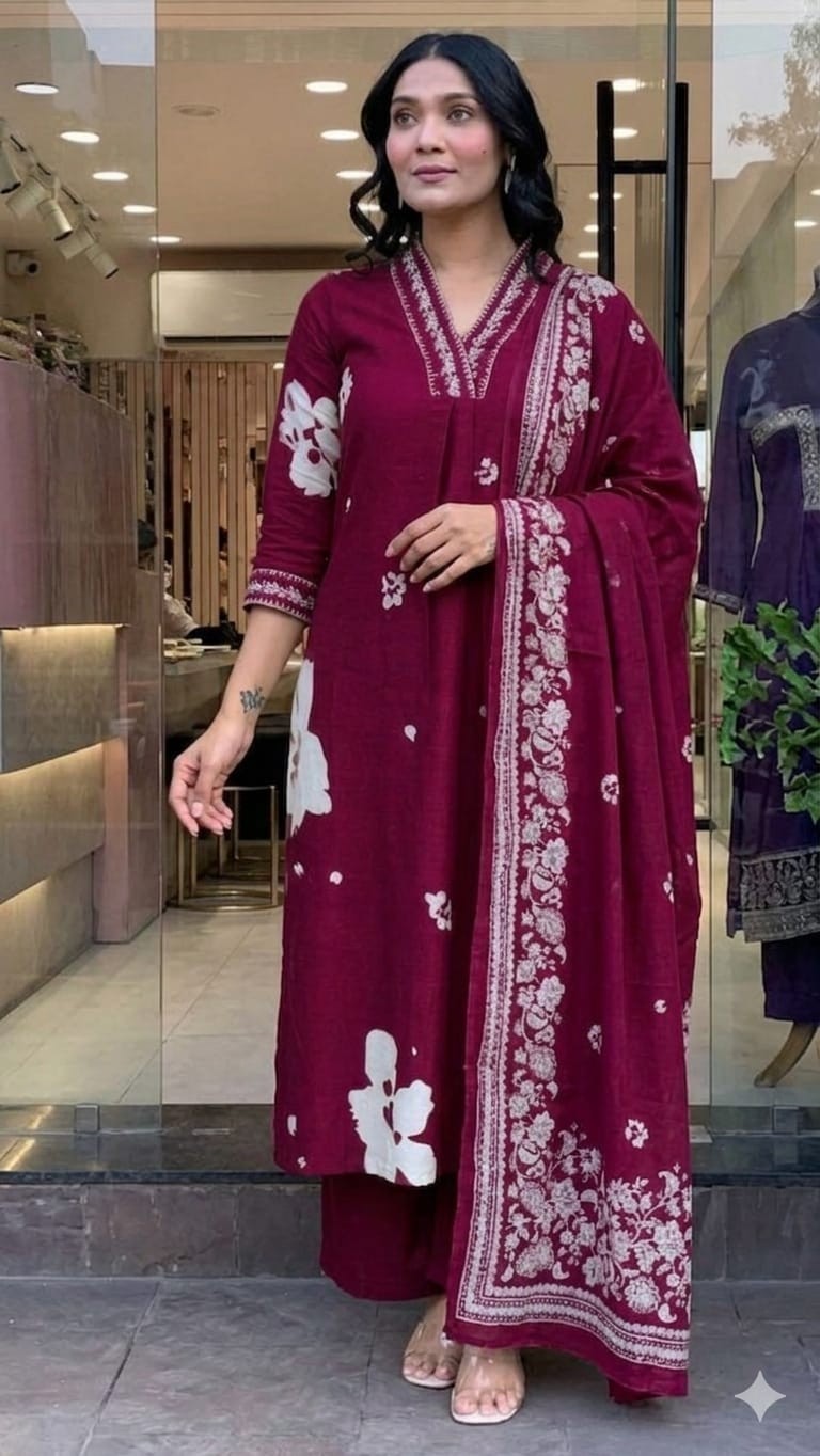 Women’s Wine Maroon Cotton Kurta Pant Dupatta Set Floral Print Ethnic Suit