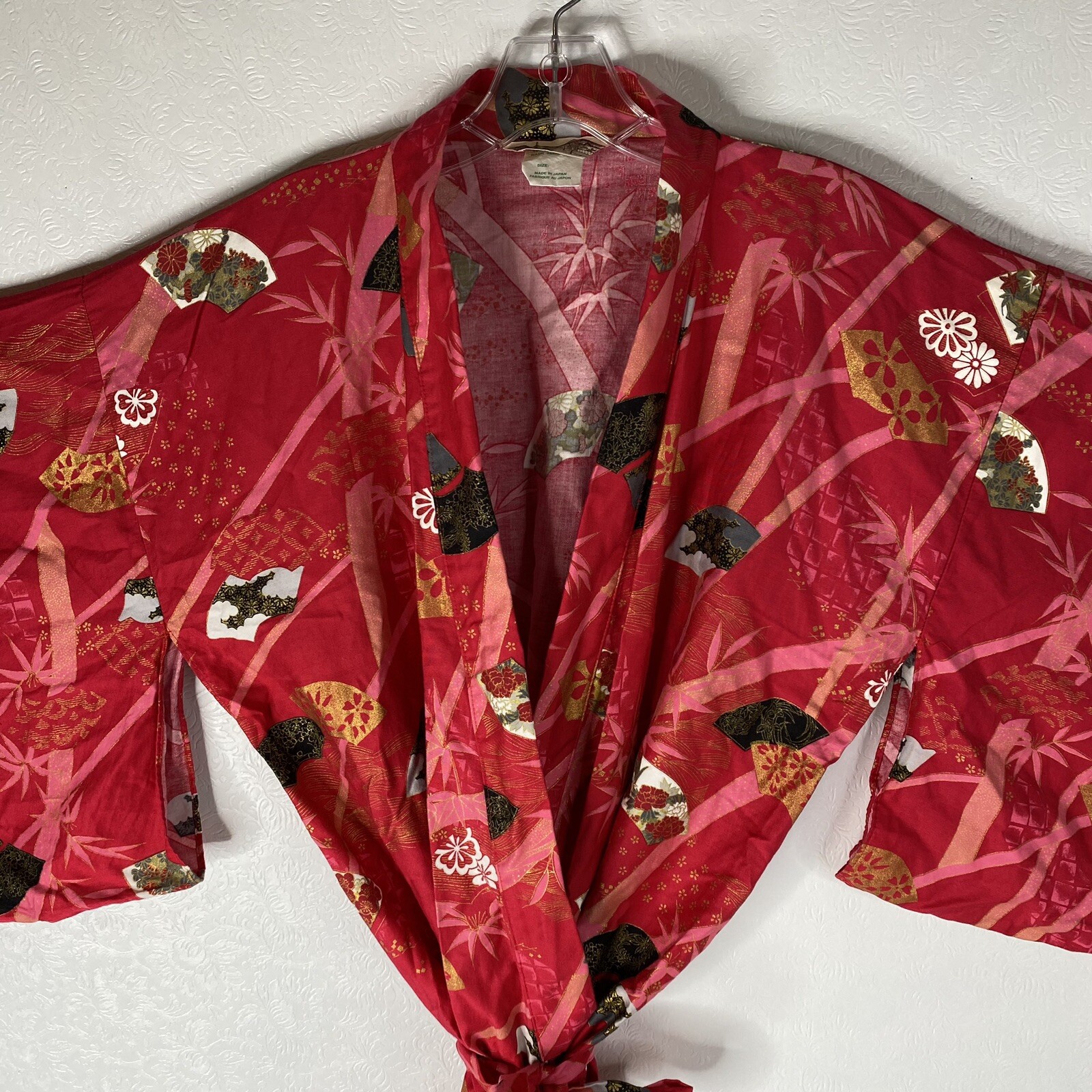 Kimono Yukata Long Red and Pink Cotton Made in Japan Folding Hand Fans & Bamboo