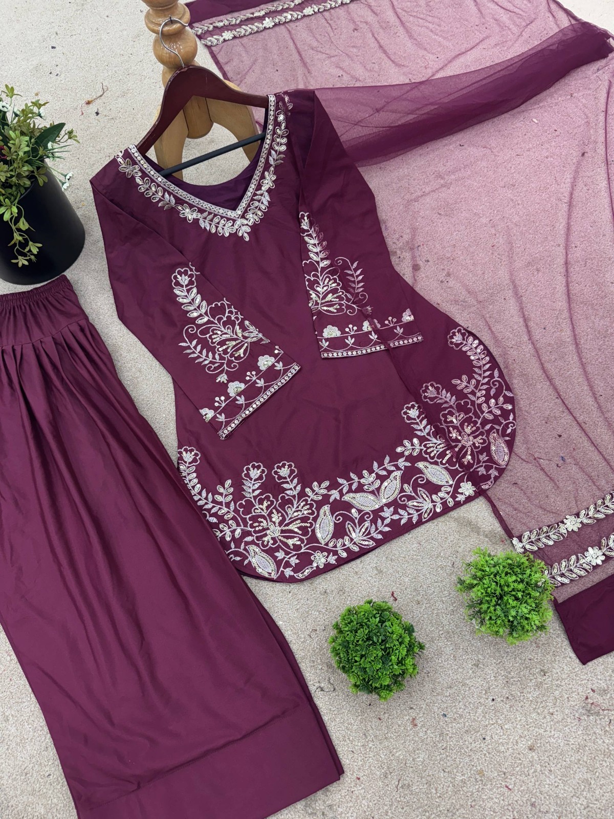 Stylish Look Natural Crep Silk Wine Top Bottom With Dupatta For Ethnic Wear