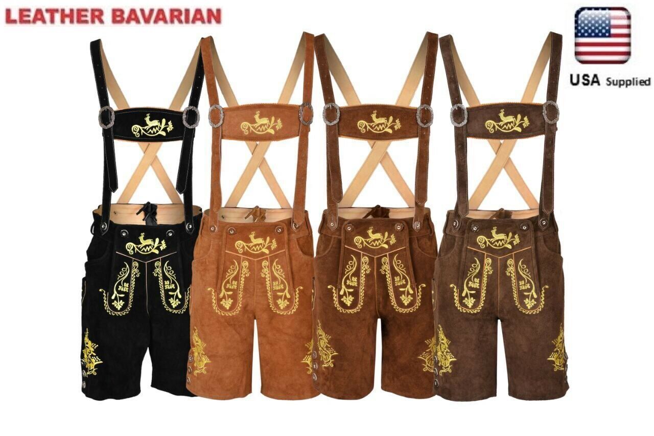 Oktoberfest Lederhosen Bavarian Men German Cowhide Real Leather Matching Shorts