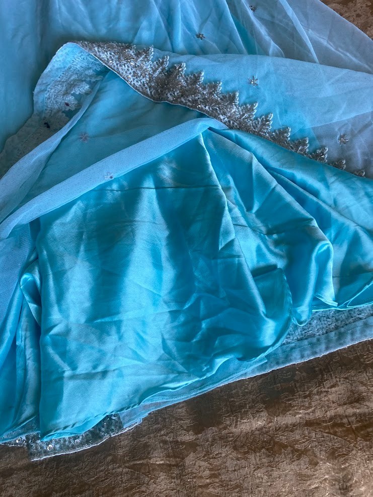 Vintage Indian Sky Blue Tulle Lehenga Skirt Glass Bugle Bead Silver Zardozi 44″