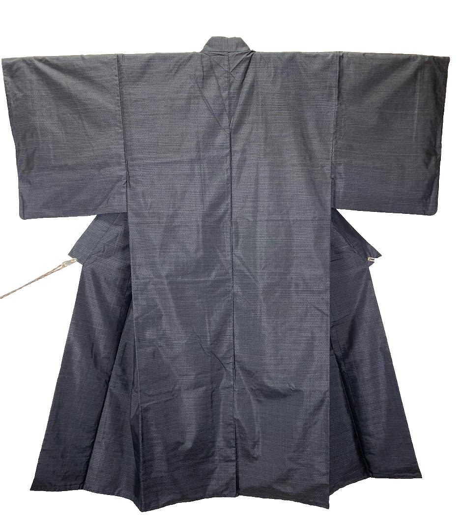 Vintage Mens Kimono Silk Tsumugi Iron Navy Blue Plaid Checked Robe Duster Coat